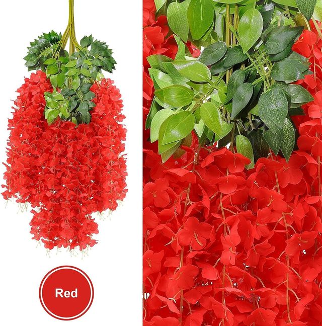 Well Art Gallery Artificial Wisteria Hanging Flowers Vines String Decorations (Pack Of 6,Red)