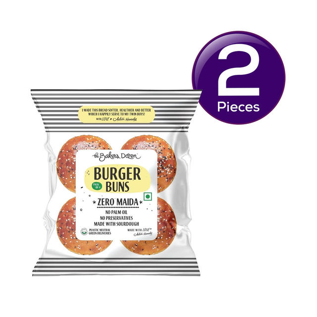 The Baker's Dozen Zero Maida Burger Buns No Palm Oil No Preservative 100% Wholehwheat 4 pc Combo