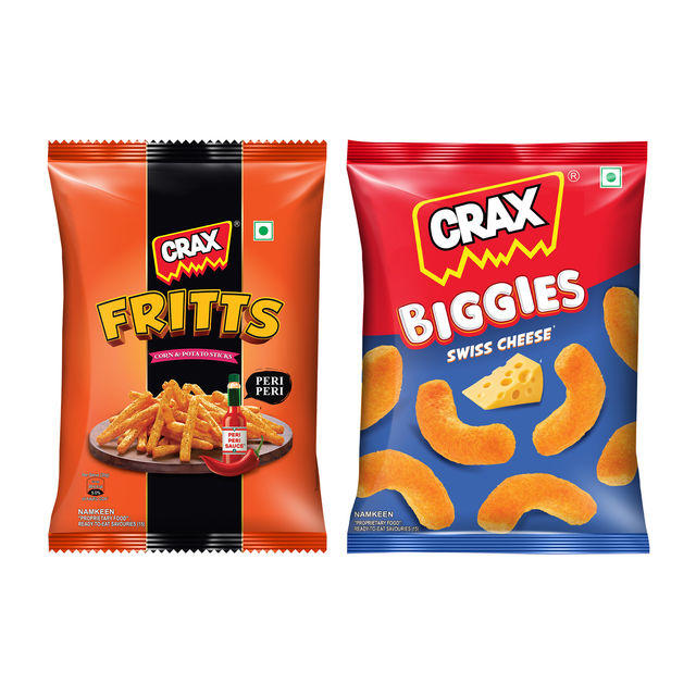 Crax Fritts Peri Peri Corn & Potato Sticks 1.0 Piece(1pc) & Crax Biggies Swiss Cheese Puffs 65.0 Gram(65gms) Combo