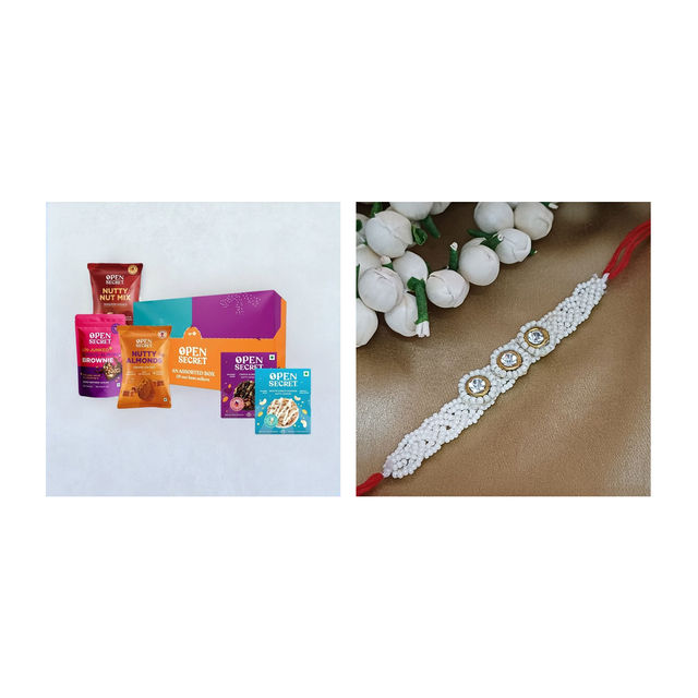 Open Secret Chocolate Cookies, Brownie And Dry Fruits Gift Hamper - Healthy Dry Fruit Cookies(126gms) & Braided White Moti With 3 While Stone Flower Rakhi For Brother(1pc) Combo