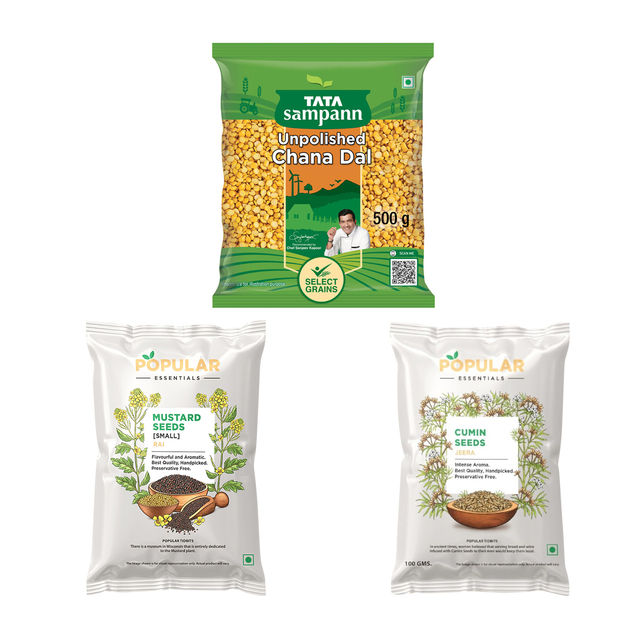 Popular Essentials Jeera/Cumin Seeds(100 gms), Popular Essentials Mustard Seeds Rai Small(100 gms) & Tata Sampann Unpolished Chana Dal(500 gms) Combo 