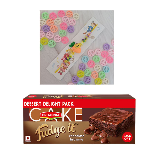 Britannia Cake Fudge It, Chocolate Brownie, Dessert Delight Pack, Melt In Mouth Brownie Cake(120gms) & Orange Carrot Kids Rakhi For Brother(1pc) Combo