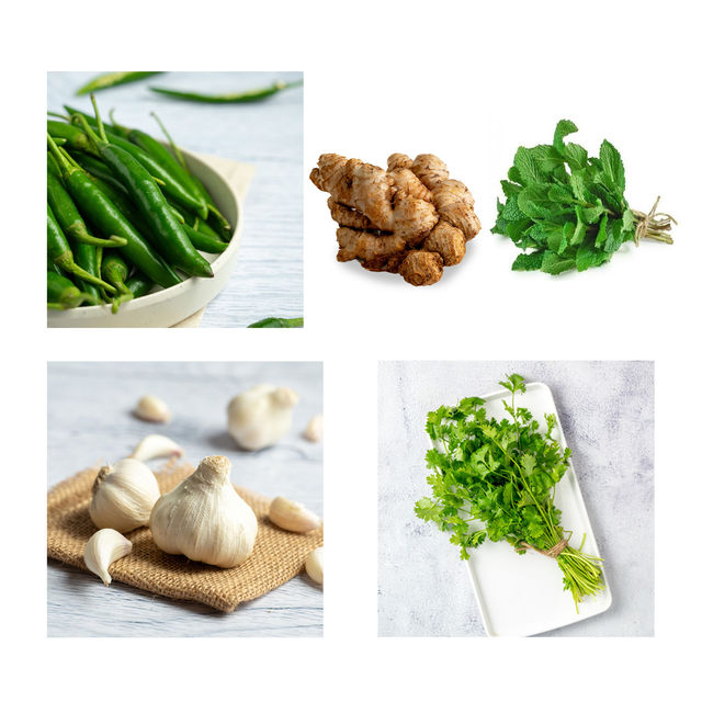Ginger (Inji)(200gms), Garlic(200gms) & Green Chilli (Pachchai Milagai)(100gms) Mint Leaves(100gms) Coriander Leaves (Koththamalli) - Cleaned, with roots(100gms) Combo