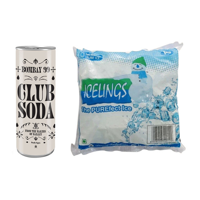 Bombay 99 Club Soda Can 250 Millilitre(250ml) & Icelings The Pure Ice Cubes 1 Kilogram(1kg) Combo