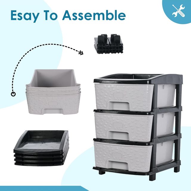 Kuber Industries Modular 3-Layer & 53 L Plastic Drawer Storage Organiser | Black & Grey