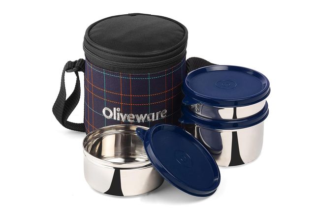 Oliveware Bliss Lunch Box, 3 Stainless Steel & Leak Proof Containers BPA Free Airtight Lids - Blue