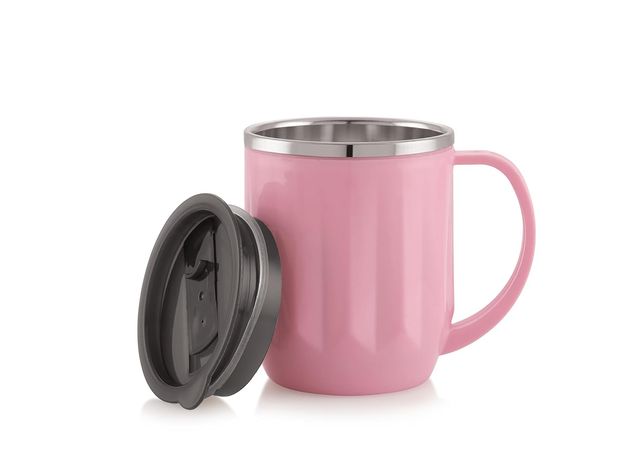 Sugar Homeware Mocha Stainless Steel Double Wall Travel Coffee Mug With Lid | 400 ml - Pink