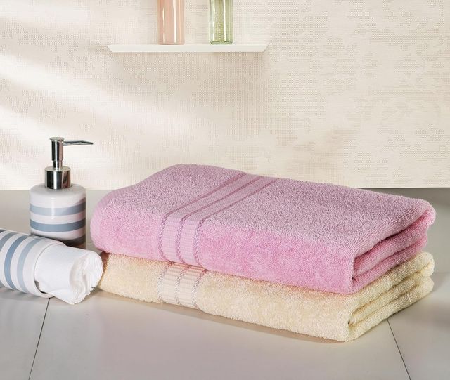 Superspun 100% Cotton- 420 Gsm- Vodre- Two Piece Set- Bath Towel- Size:70 x 140 - Pink & Cream