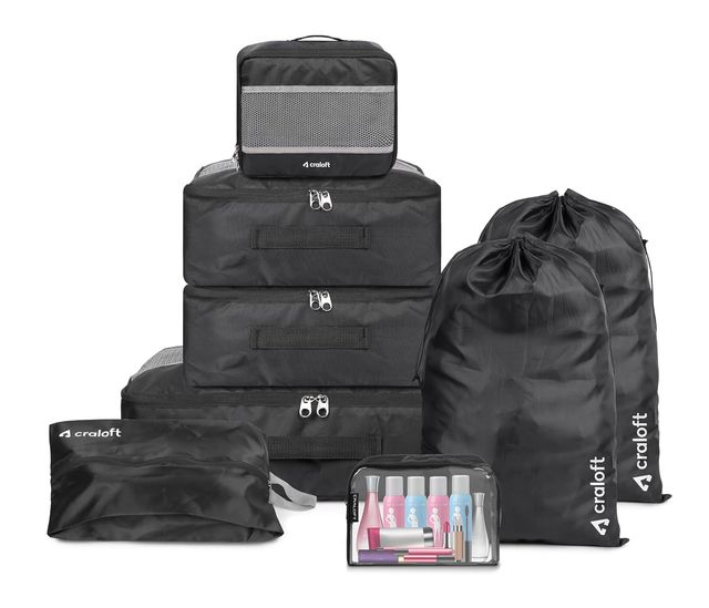 Craloft Polyester 8-Piece Travel Luggage Packing Cubes Organizer Set for Men and Women (Black)