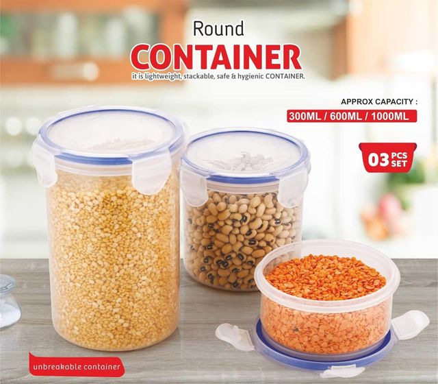 Clazkit Round Container Plastic Airtight Storage container Set of 3 (300ml - 600ml - 1000ml)