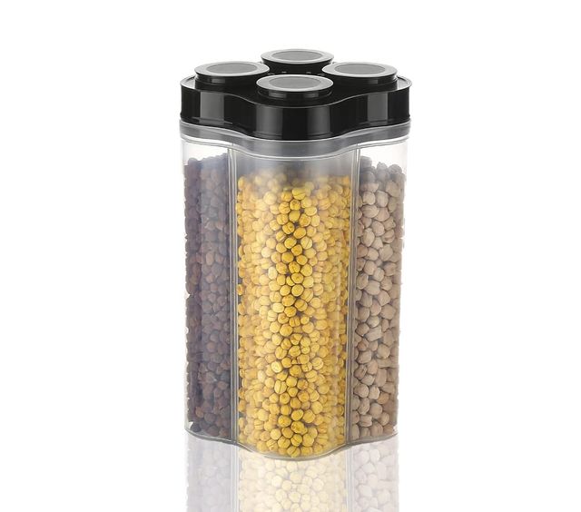 Clazkit Airtight Transparent Plastic Storage 4 Section Container Jar Pack of 1, 2500ML - Black