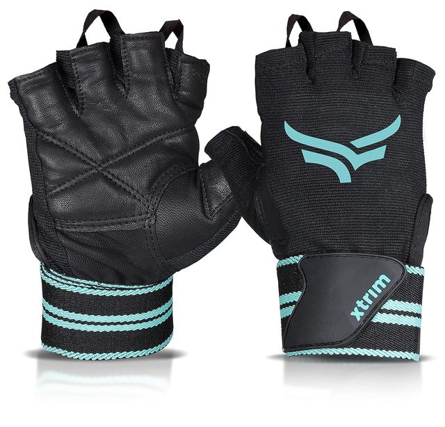 Xtrim Xmacho Leather Gym Gloves with Wrist Support, for Weightlifting & Exercise |Blue & Black - S