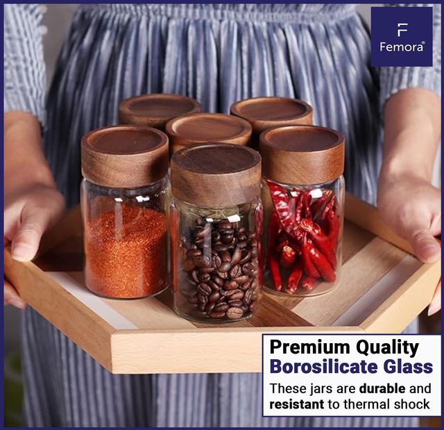 Femora Wooden Lid Screw Jar Air Tight 750Ml 1 Pc Borosilicate Glass