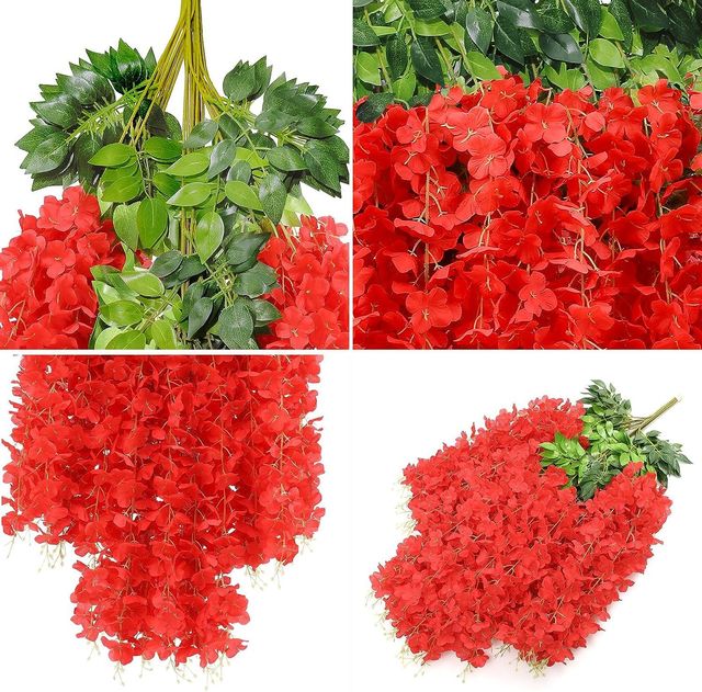 Well Art Gallery Artificial Wisteria Hanging Flowers Vines String Decorations (Pack Of 6,Red)