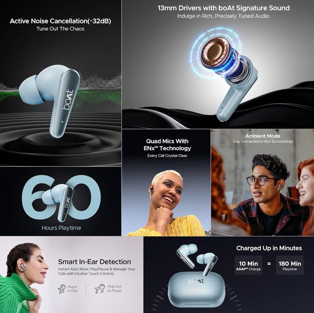 boAt Airdopes 280 ANC TWS Earbuds w/ 32dB ANC, Ambient Mode, 60H Playback & 13mm Drivers(Mint Blue)