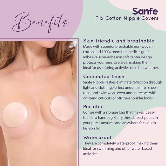 Sanfe Flix Cotton Nipple Covers 10 Breathable Nipple Pasties No Show Bra For Women Disposable White
