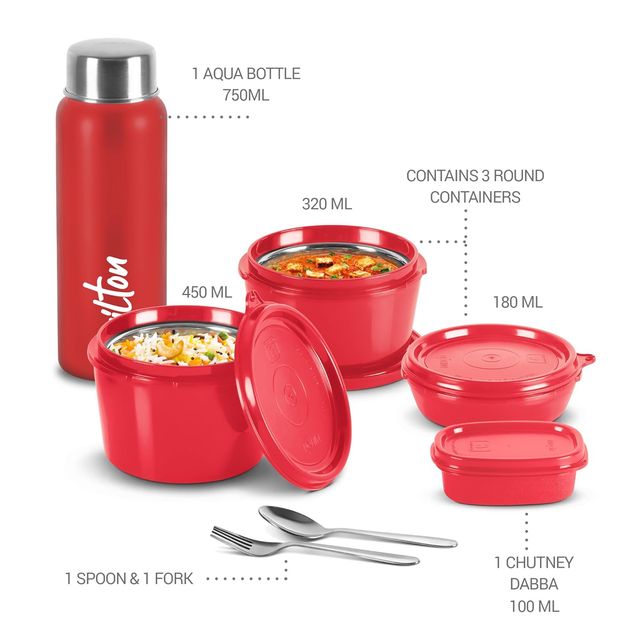 Milton Pro Lunch Box (3 Inner Steel Containers, 1 Plastic Dabba, Bottle, & Spoons) With Bag, Maroon