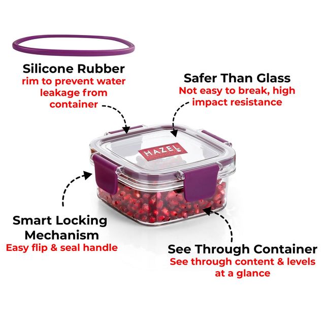 HAZEL Plastic Square Container - 300 ml Airtight | Leak Proof | Microwave Safe Dabba