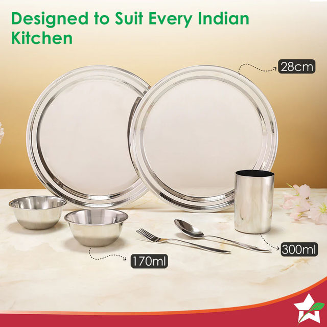 Wonderchef Venice Stainless Steel Dinner Set of 12 Pcs | Plates | Glasses | Bowls | Spoons