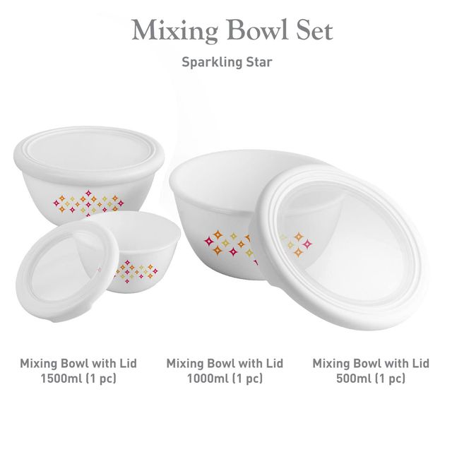 Cello Opalware Sparkling Star Mixing Bowl Set With Premium Lid 3 Units White