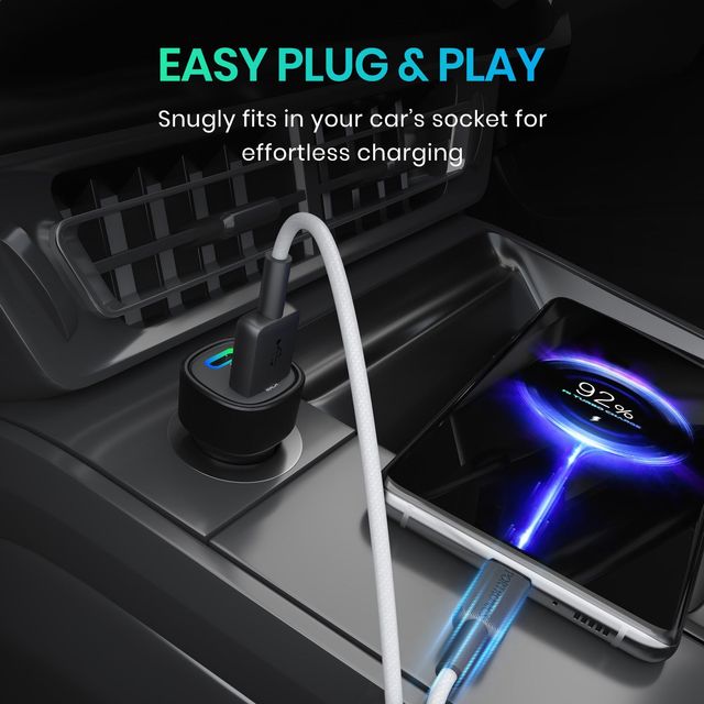 Portronics 80W Dual Output Fast Car Charger with Type-C PD & USB, LED Indicator, Power Bank (Black)