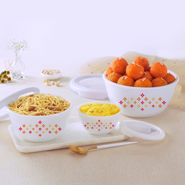 Cello Opalware Sparkling Star Mixing Bowl Set With Premium Lid 3 Units White