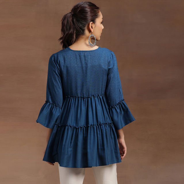 Libas Women's Embellished Silk Blend A-line Kurti | 29142 29142 | Blue - XL