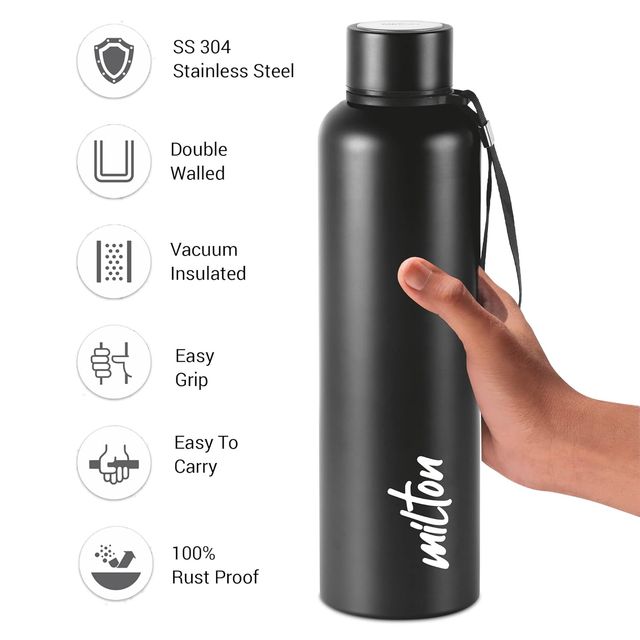 Milton Aura Thermosteel Bottle - 1.05 L | Black | 24 Hours Hot And Cold