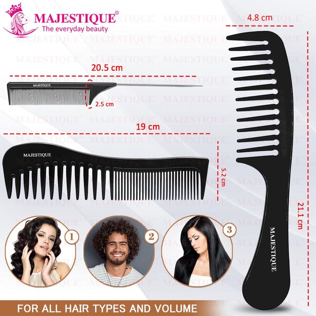 Majestique Professional Wide Tail Comb - 3Pcs | Black