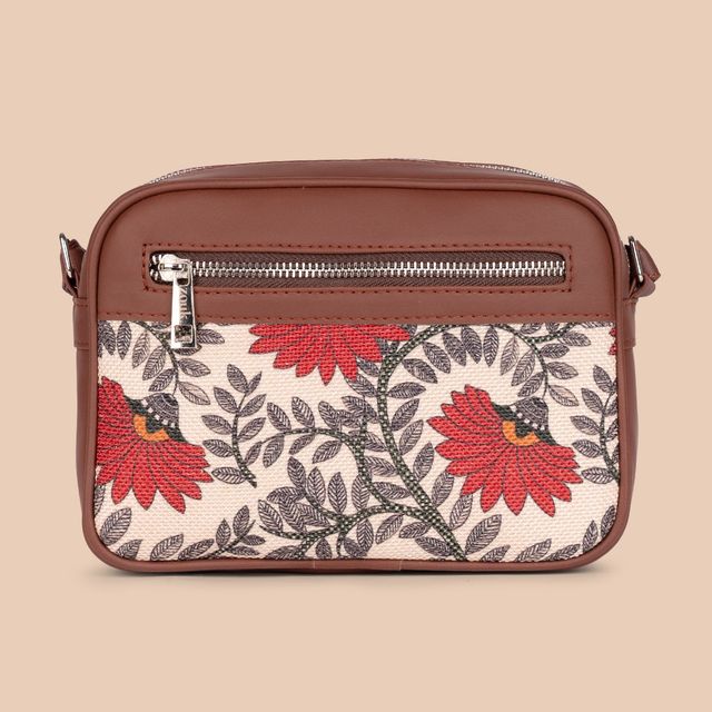 Zouk Women's Floral Vegan Leather and Handcrafted Fabric 2.4 L Sling Bag | Beige and Red - One Size