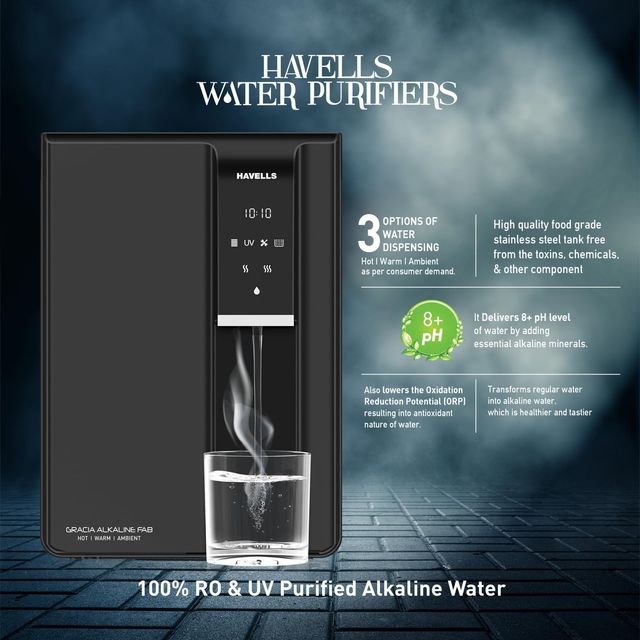 Havells Gracia Fab Alkaline Water Purifier (Black), Ro+Uv+Alkaline, 8 Stage Purification