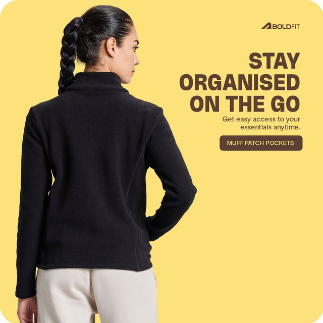 Boldfit Women's Sweatshirt Full Zipper Light Fleece Natural Insulation Pullover | Black - XL