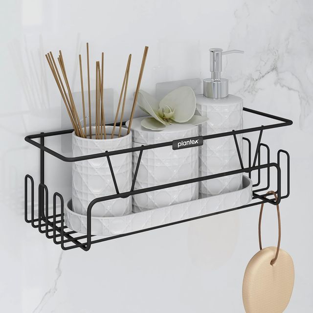 Plantex GI Steel Self-Adhesive Bathroom Shelf Organizer with Hooks - Black Powder Coated