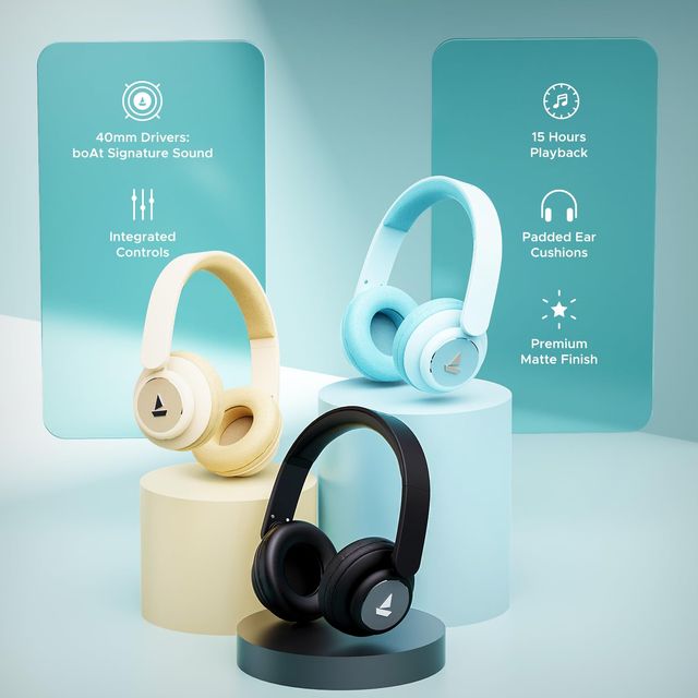 boAt Rockerz 450 On Ear BT Headphones w/ 15H Playtime, 40mm Drivers & Integrated Controls (Aqua Blue)