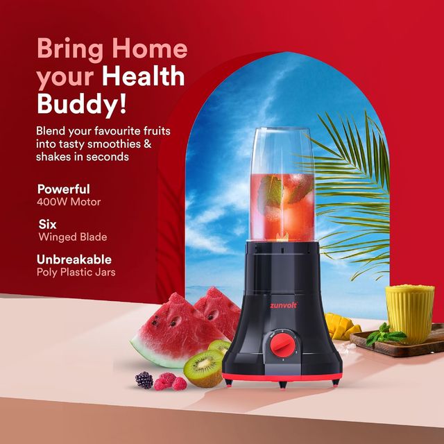 ZunVolt Blender Grinder Smoothie Maker Fruice Juicer Mixer Grinder | 400 | 2 Jars - Black - Red