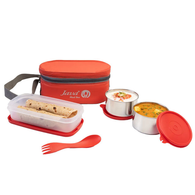 Java 3 Pcs Ss Double Decker Lunch Box With Carry Bag And Spoon (1U 400 ml, 2U 300 ml) - Red