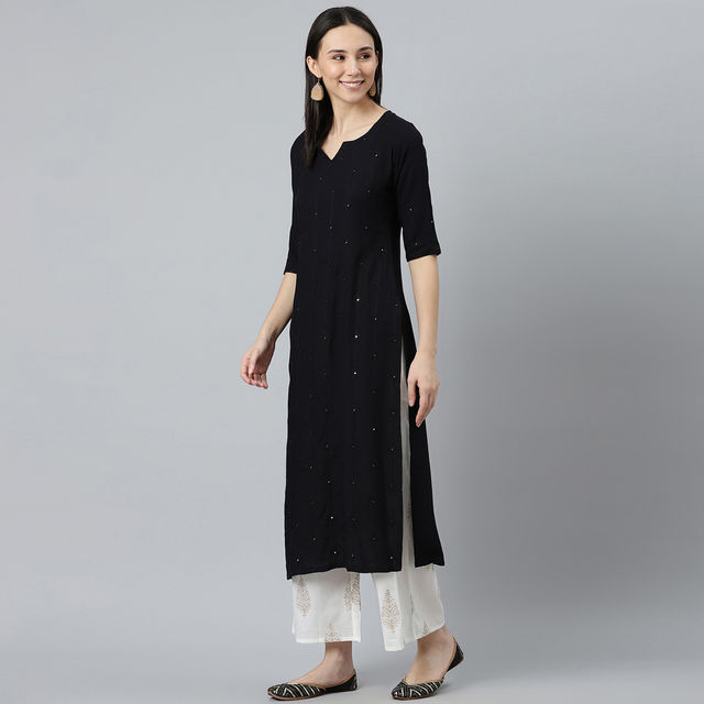 Libas Women Black Rayon Embroidered Mirror Work Straight Kurta - 12077OXL