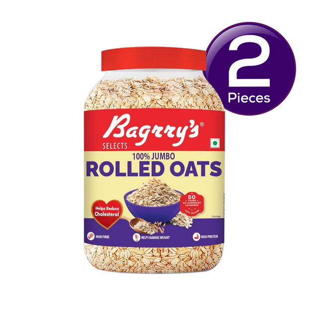 Bagrry's Rolled Oats Jar High Fibre Premium Rolled Oats Protein Rich Breakfast Cereal Wholegrain Breakfast 1.2 kg Combo