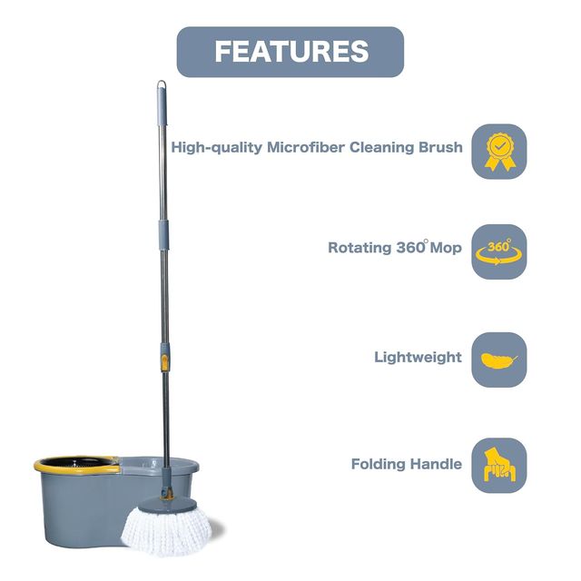 Esquire Elegant 360 Spin Bucket Mop Set With Easy Wheels and Additional Refill - Grey Color