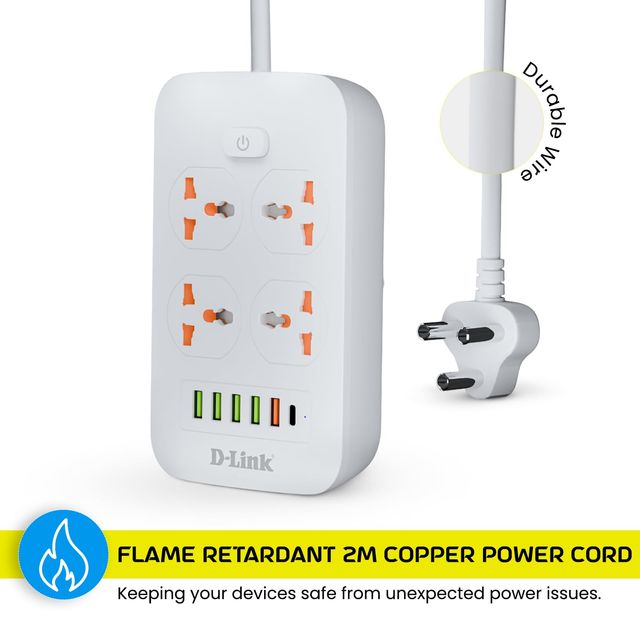 D-Link Power Strip with 4 Universal Sockets with Child Security + 5 USB Ports + 1 Type-C Port,1500W