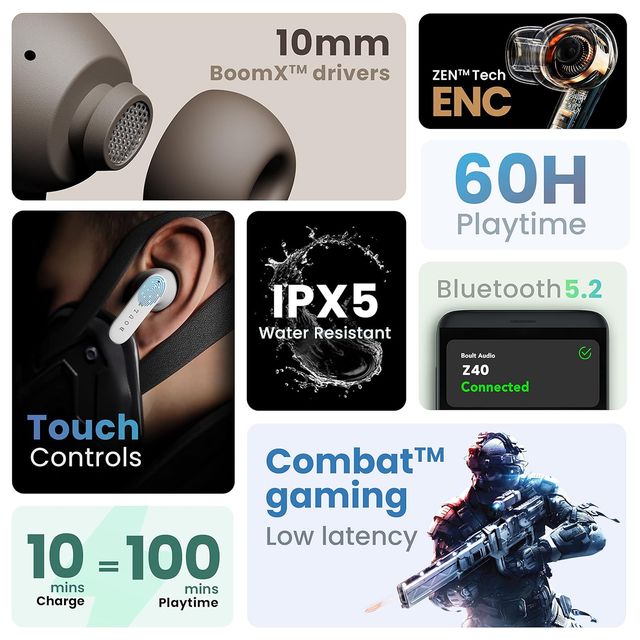 Boult Z40 With Zen Enc Mic, 60H Battery Life, Low Latency Gaming,5.3 Bluetooth Headset(Blue)