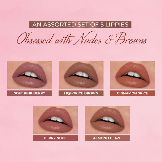 Just Herbs Enriched Liquid Lipstick Kit | Set Of 5 | Nudes And Browns