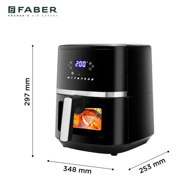 Faber 6L 1500W Digital Air Fryer | 360 Air Cooking, 8 Preset Menu, LED Display, View Window | Black