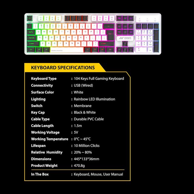Ant Esports Km1610 Led Keyboard And Mouse Combo,104 Keys Rainbow Backlit,7 Colour Rgb Mouse, White