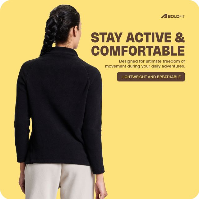 Boldfit Women's Sweatshirt Half Zipper Heavy Fleece Thermal Pullover | Aero Black - XL