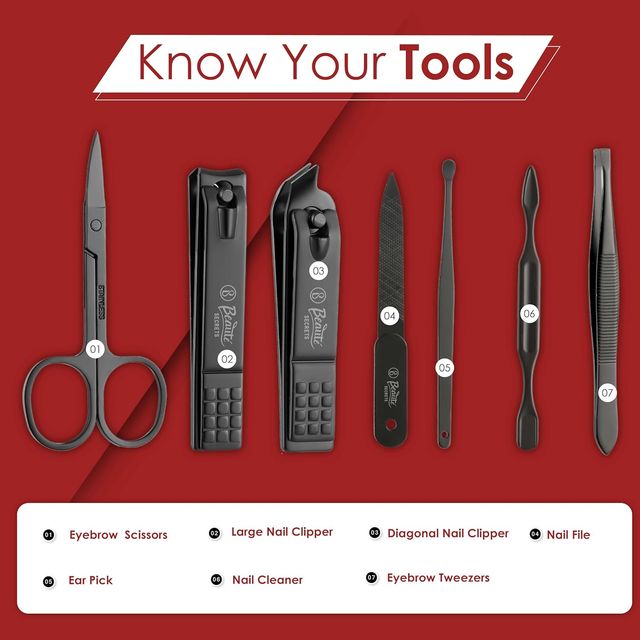 Beaute Secrets 7 in 1 Manicure set Professional Black Stainless Steel Nail Clipper Kit