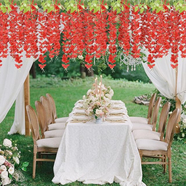 Well Art Gallery Artificial Wisteria Hanging Flowers Vines String Decorations (Pack Of 6,Red)
