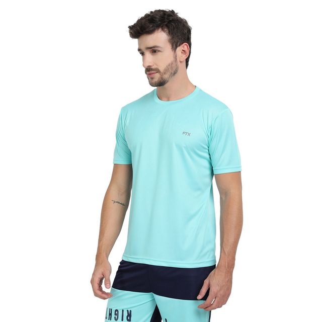 Ftx Men's Solid Round Neck Polyester Half Sleeve Casual T-shirt | Aqua | L