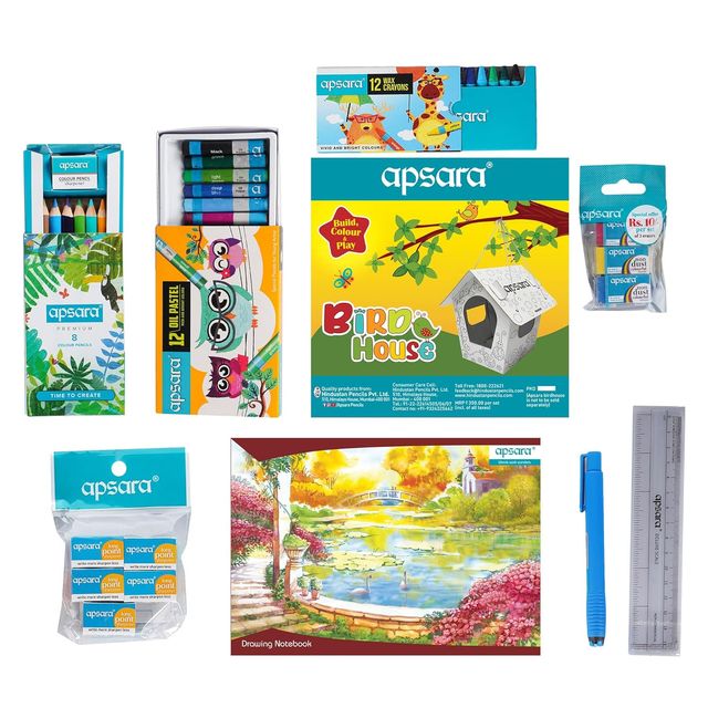 Apsara My Bag Kit Assorted Colour, Mechano Eraser, Drawing Book, Wax Crayon, Sharpener, Oil Pastel