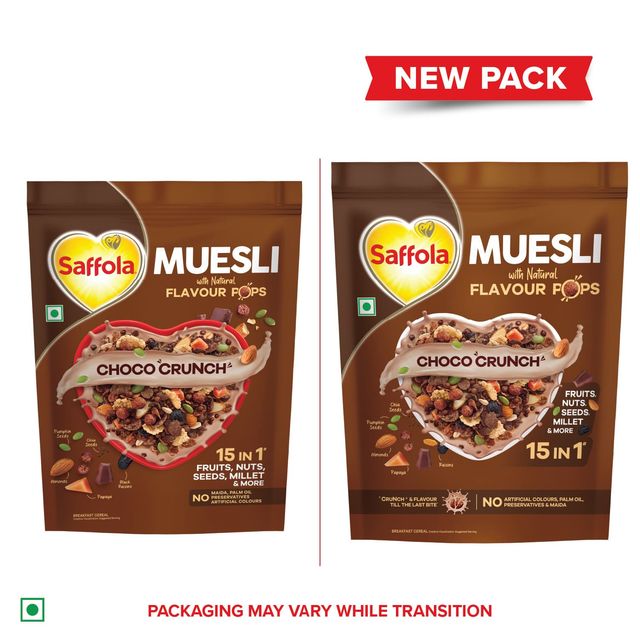Saffola Muesli Choco Crunch With Flavour Pops, Fruits, Nuts, Seeds, Millets (15 In 1)